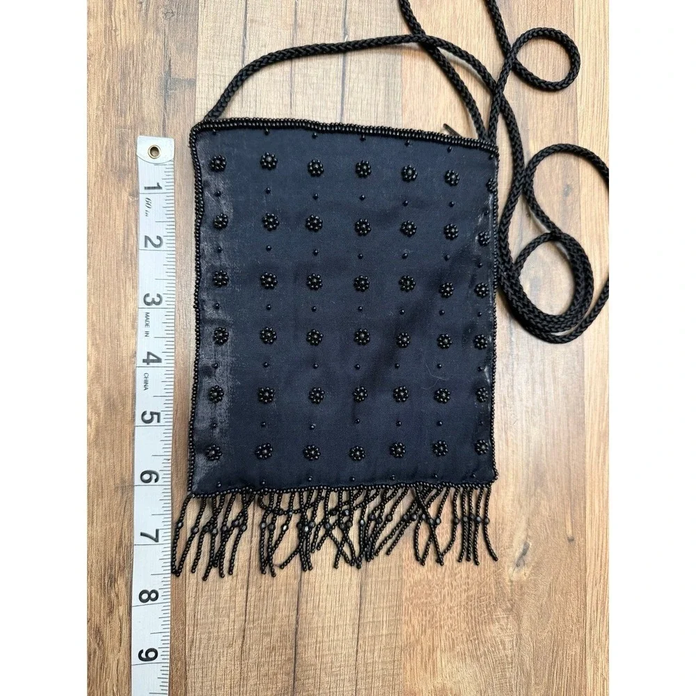 La Regale Black Beaded Fringe Evening Crossbody Bag Vintage Formal Clutch